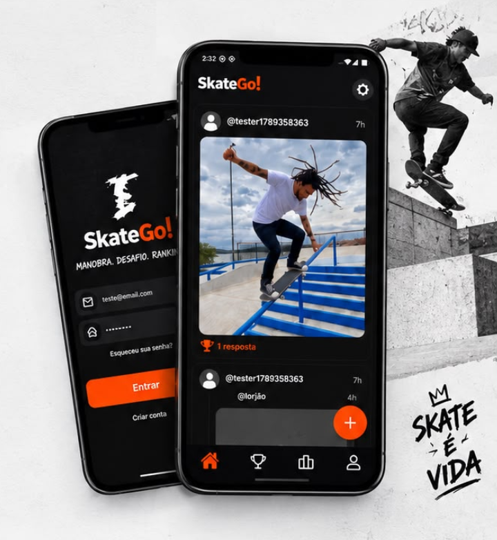 Apresentação do SkateGo com as telas de login e feed de desafios em dois celulares